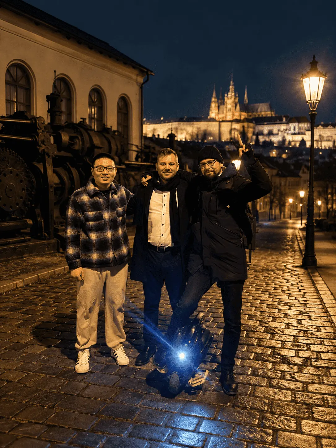 AuraSpace team with an electric unicycle in Prague